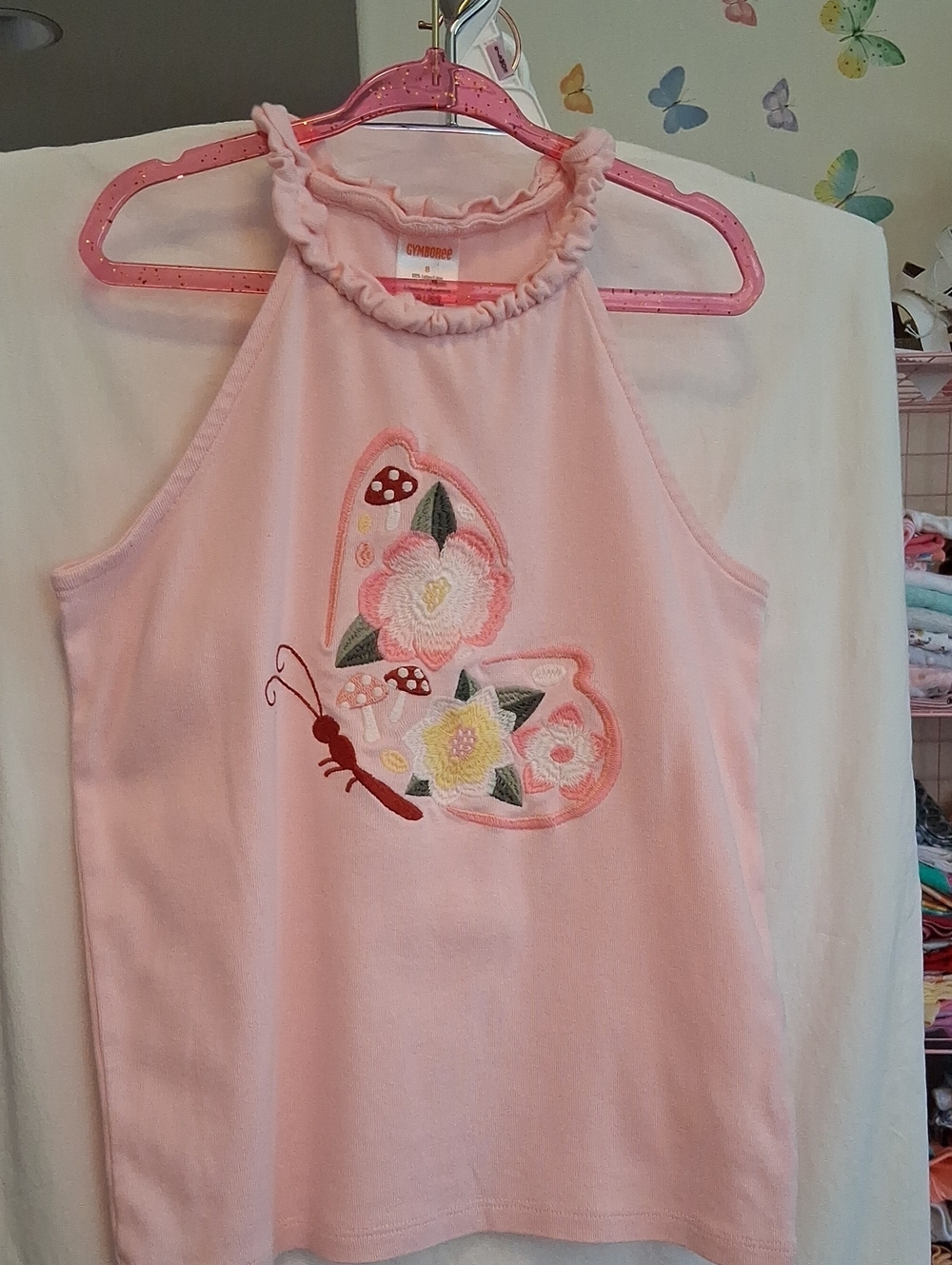 Gymboree Soft Pink Ruffle Collar Cotton Top With A Butterfly Applique.